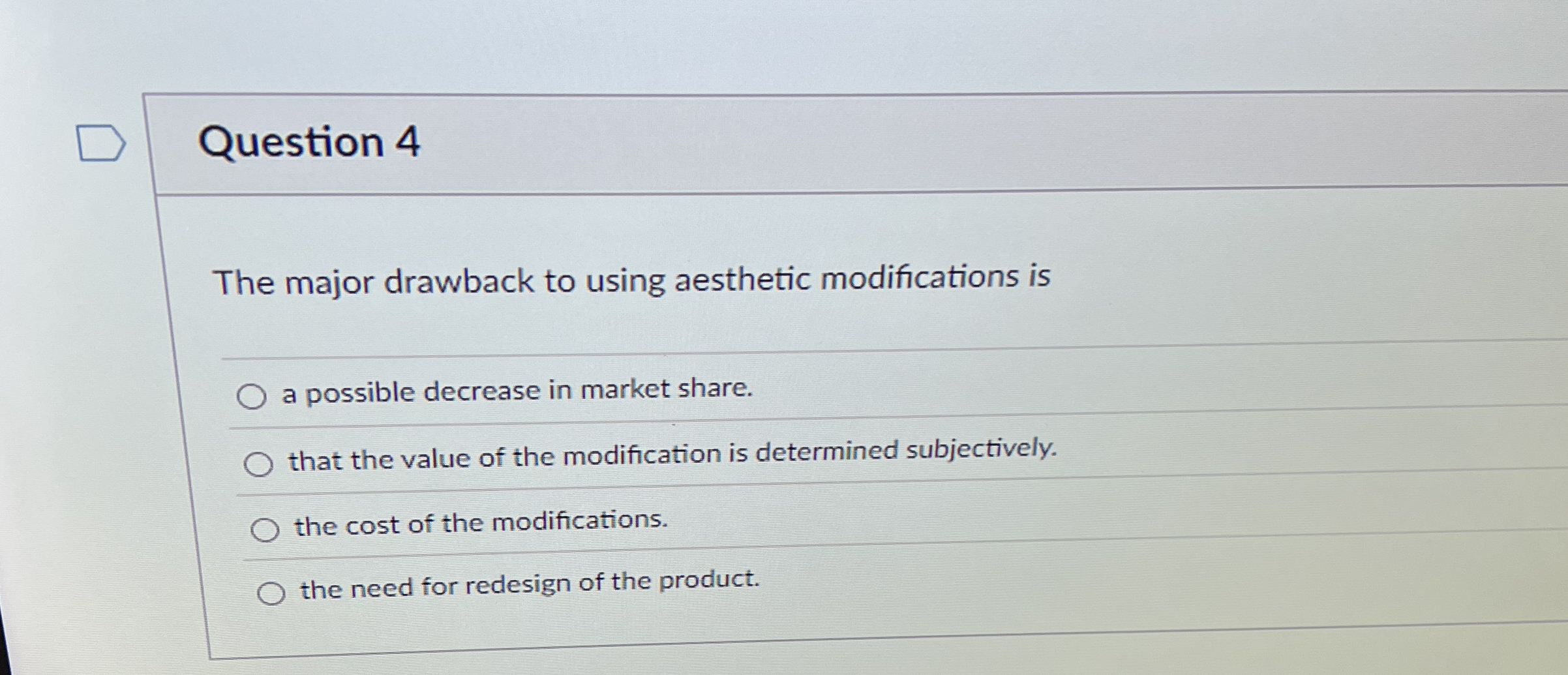 Question 4 The major drawback to using aesthetic