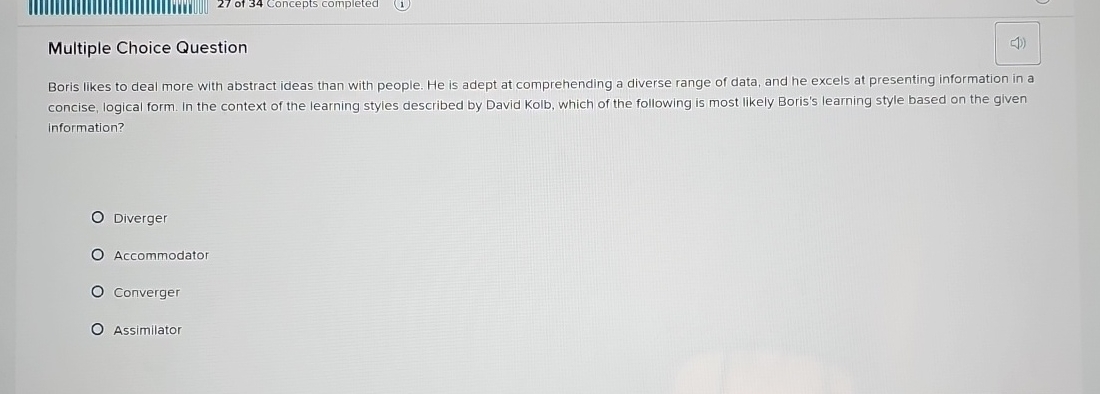 2 7 of 3 4 Concepts completed Multiple Choice
