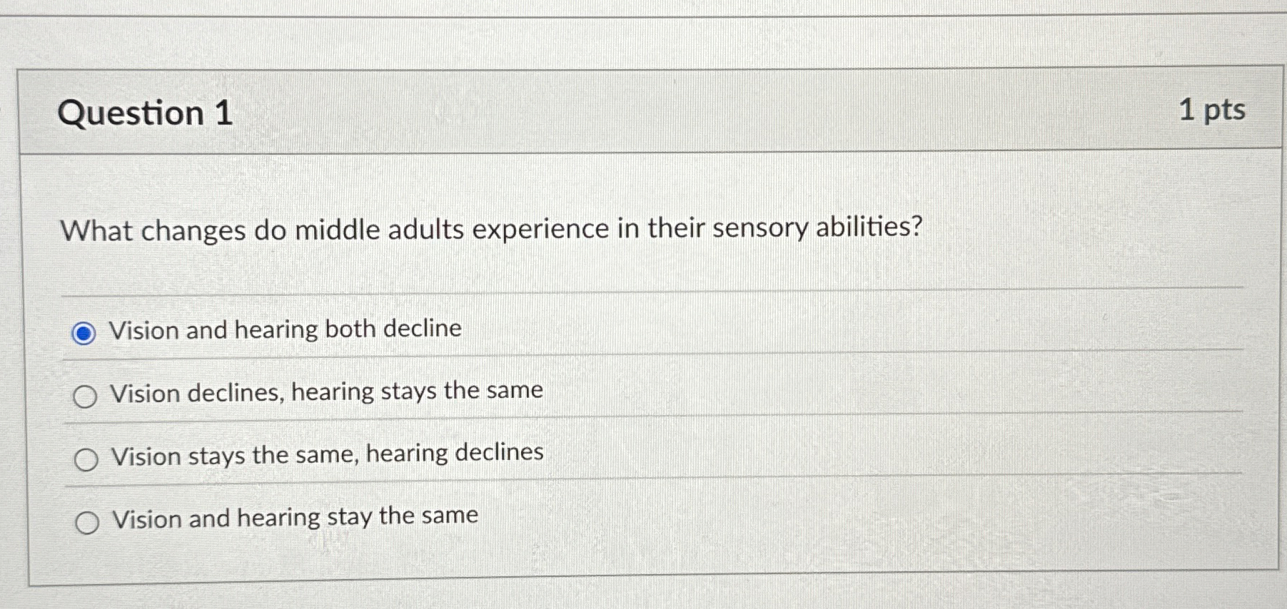 Question 1 1 pts What changes do middle adults