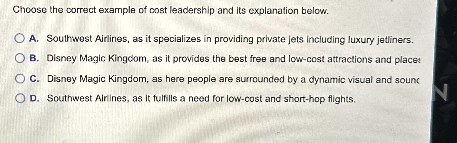 Choose the correct example of cost leadership and