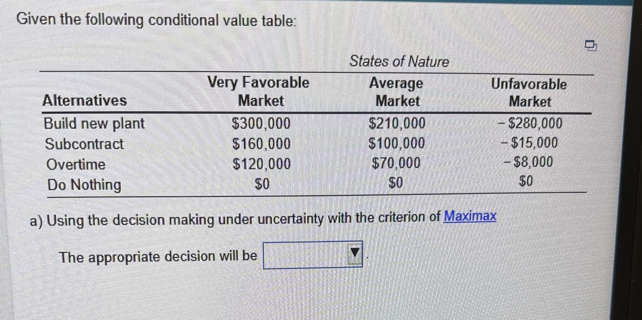 Given the following conditional value table: \