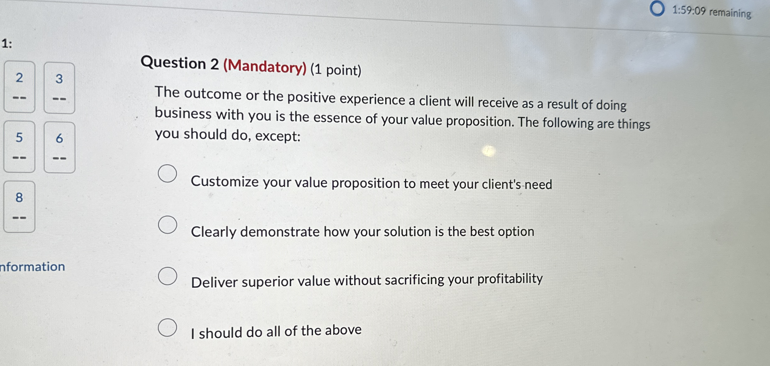 1 : 5 9 : 0 9 remaining 1 : 2 3 5 6 8 Question 2