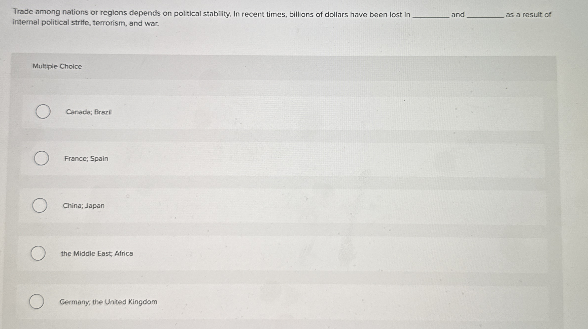 Trade among nations or regions depends on