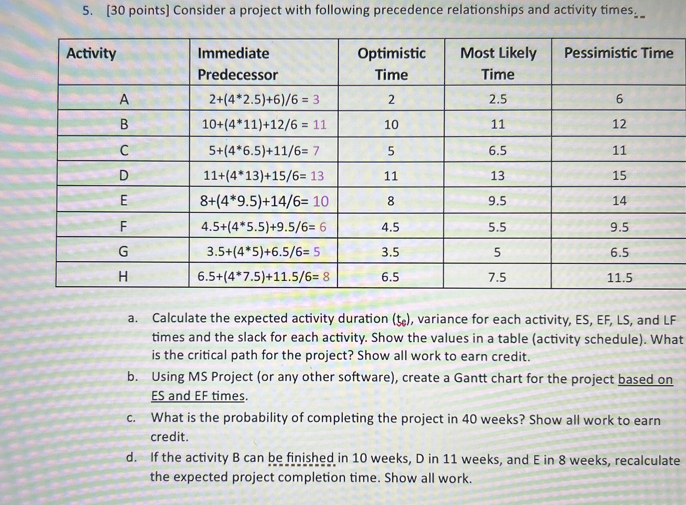 [ 3 0 points ] Consider a project with following