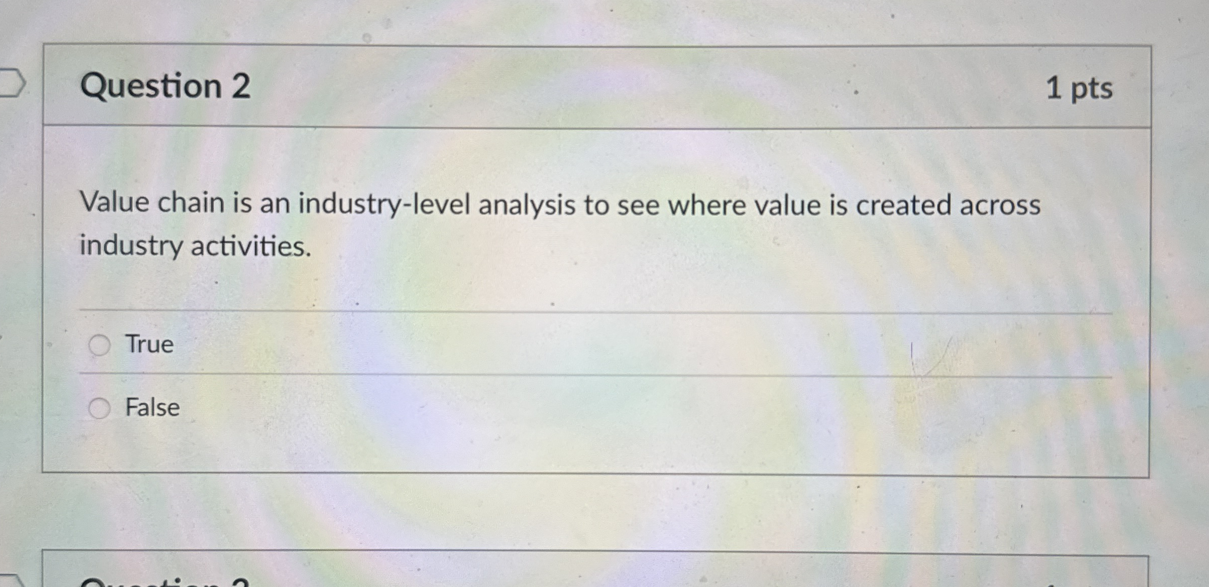 Question 2 1 pts Value chain is an industry -