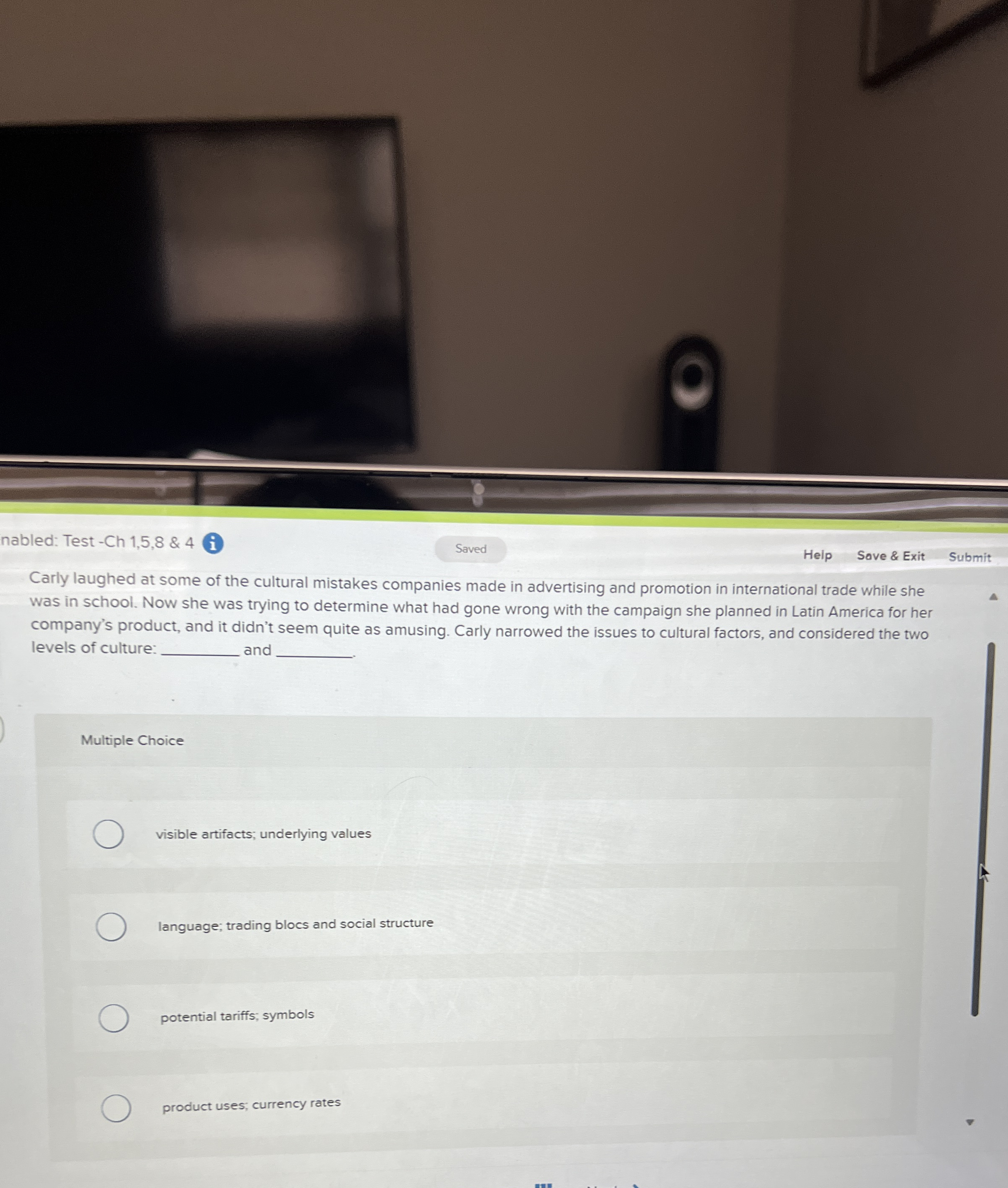 nabled: Test - Ch 1 , 5 , 8 & 4 Help Sove & Exit