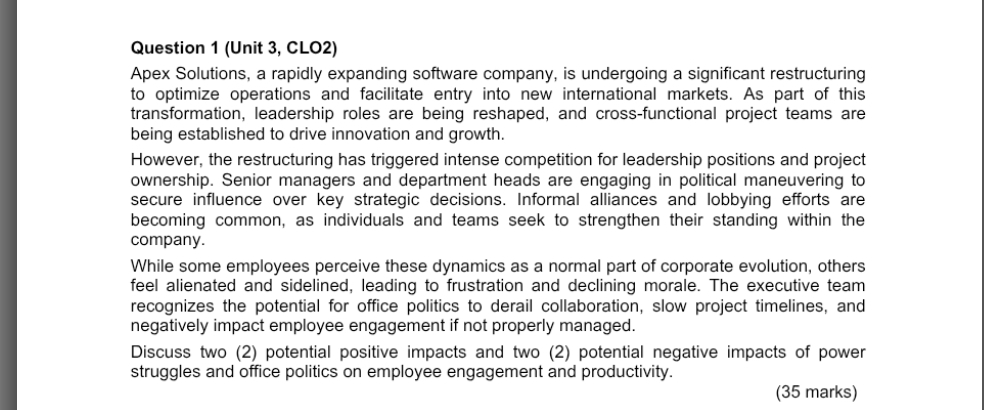 Question 1 ( Unit 3 , CLO 2 ) Apex Solutions, a