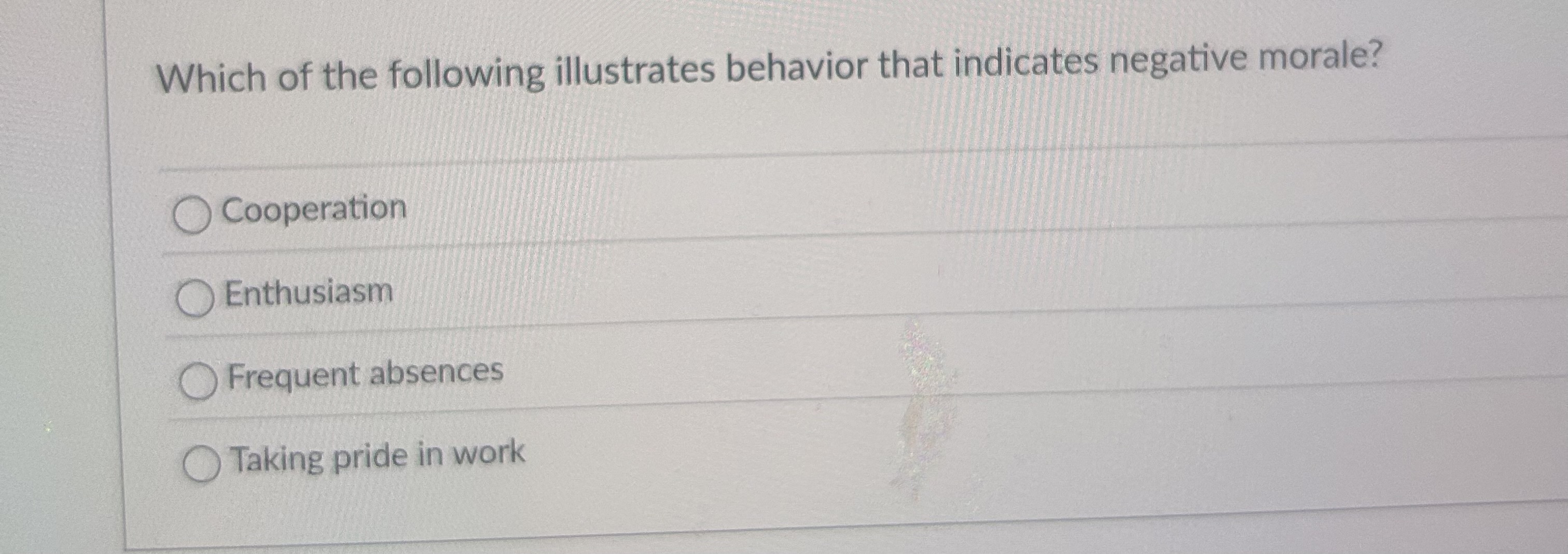 Which of the following illustrates behavior that