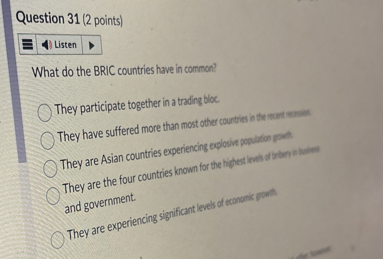 Question 3 1 ( 2 points ) What do the BRIC