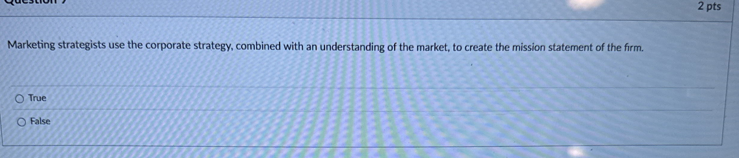 2 pts Marketing strategists use the corporate
