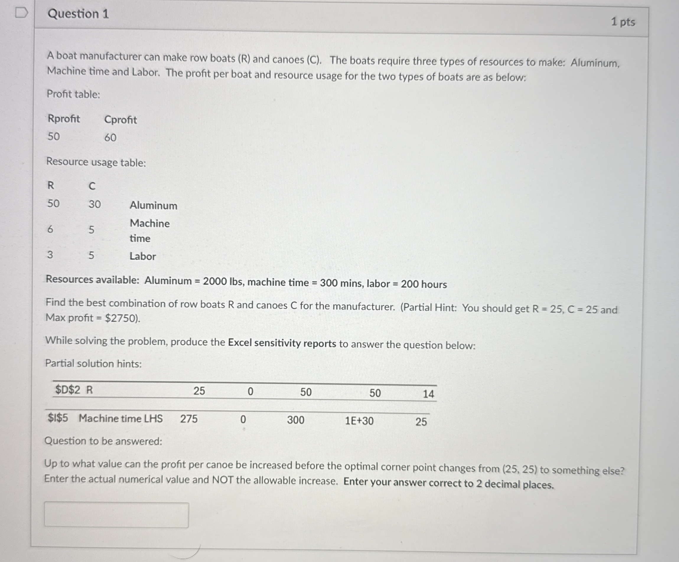 Question 1 1 pts A boat manufacturer can make row