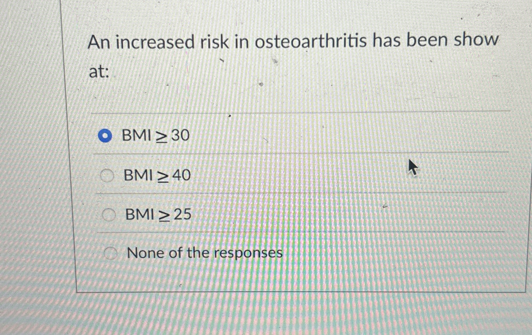 An increased risk in osteoarthritis has been show