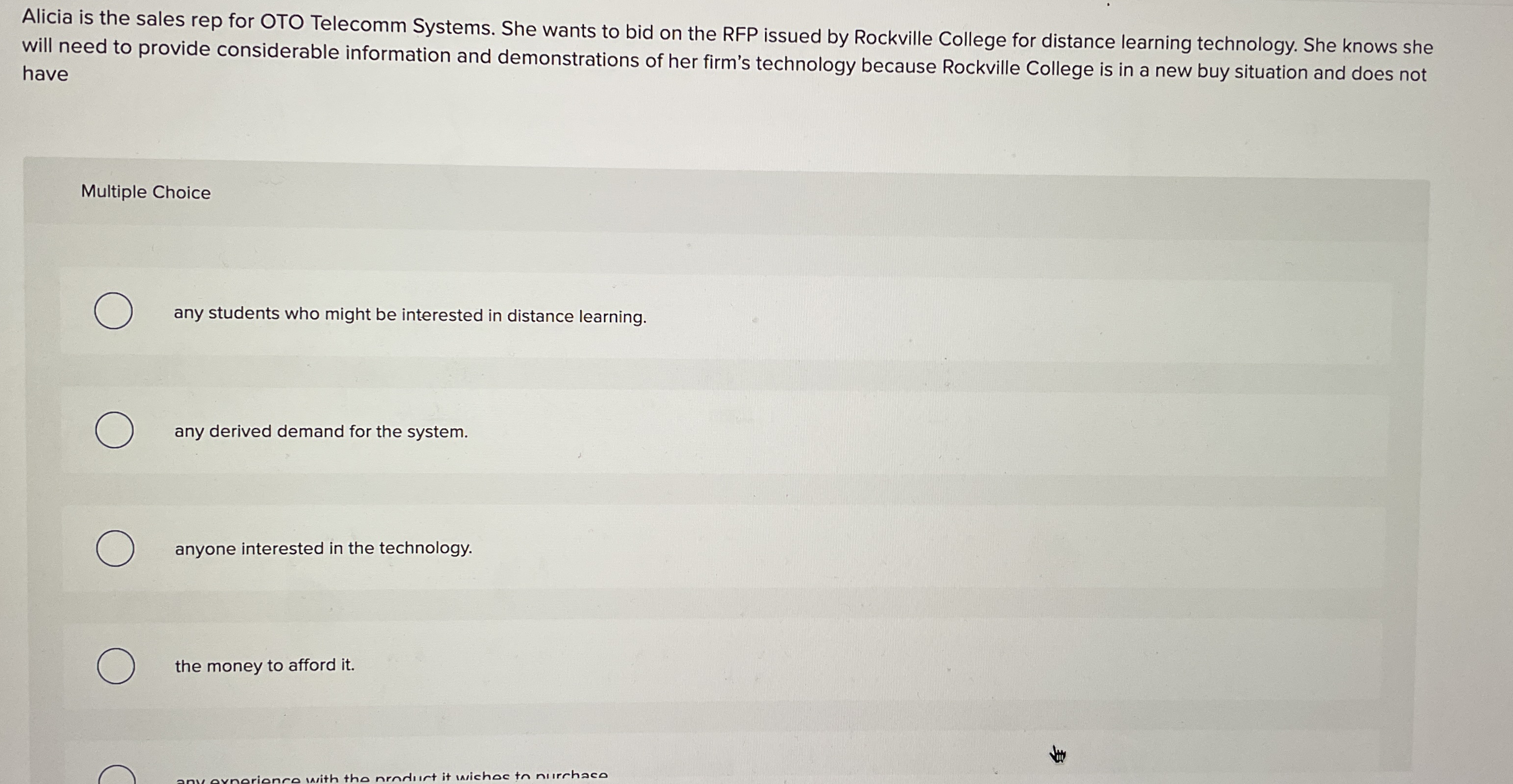 Alicia is the sales rep for OTO Telecomm Systems.
