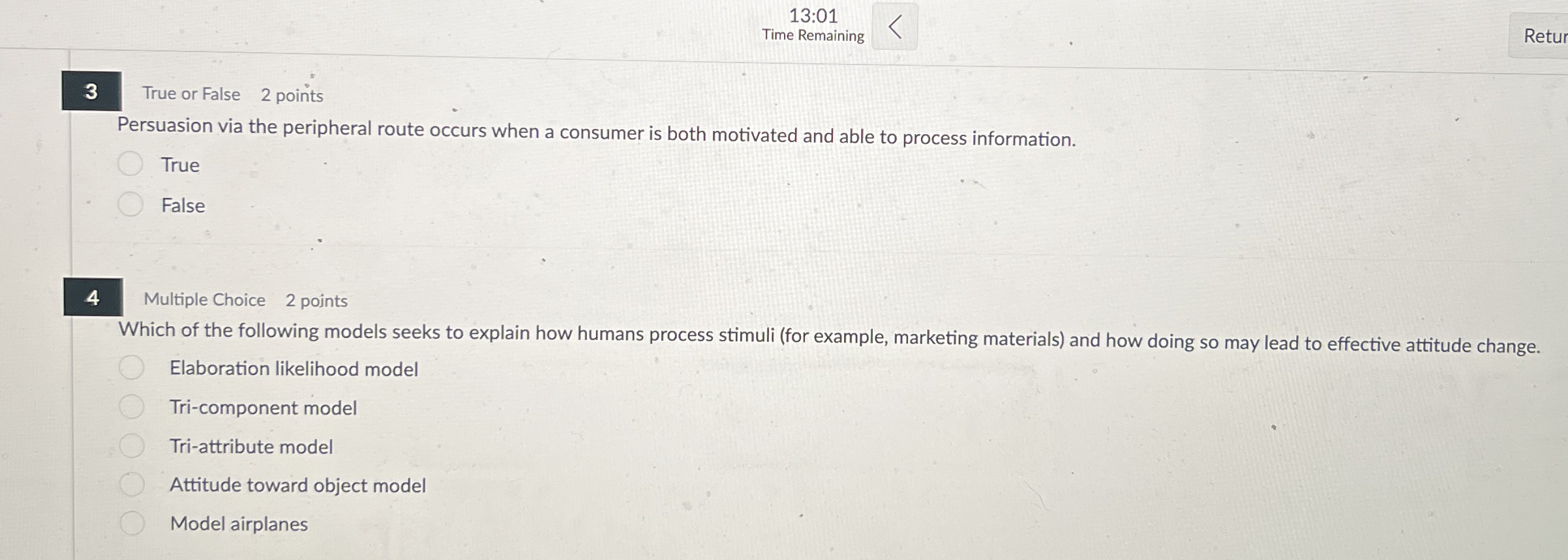 1 3 : 0 1 Time Remaining Retur True or False 2