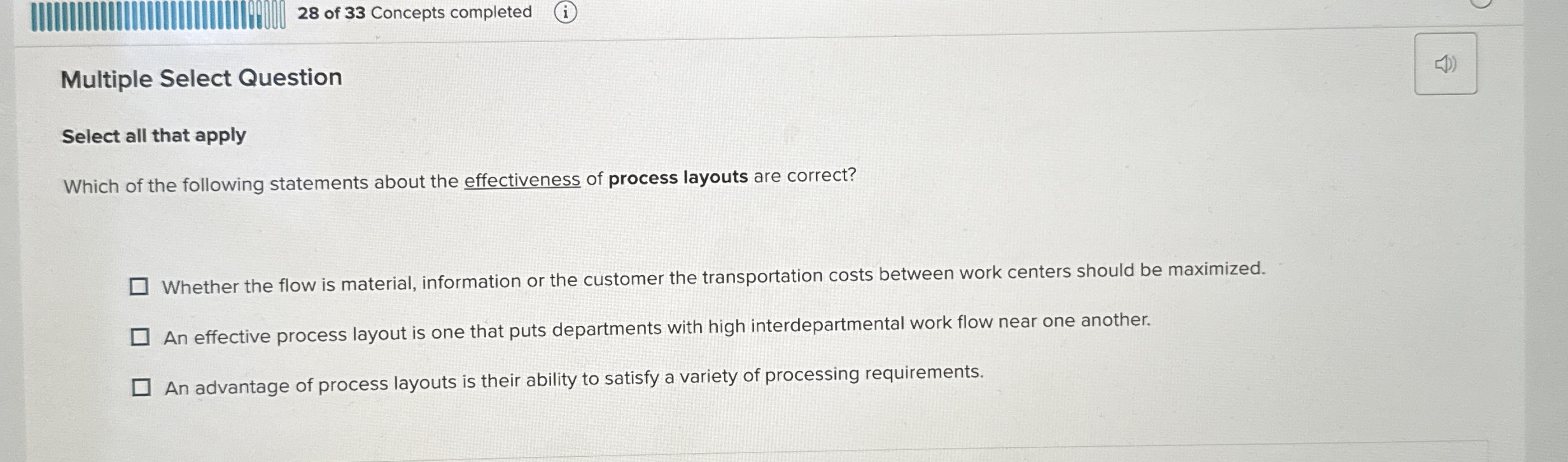 2 8 of 3 3 Concepts completed Multiple Select