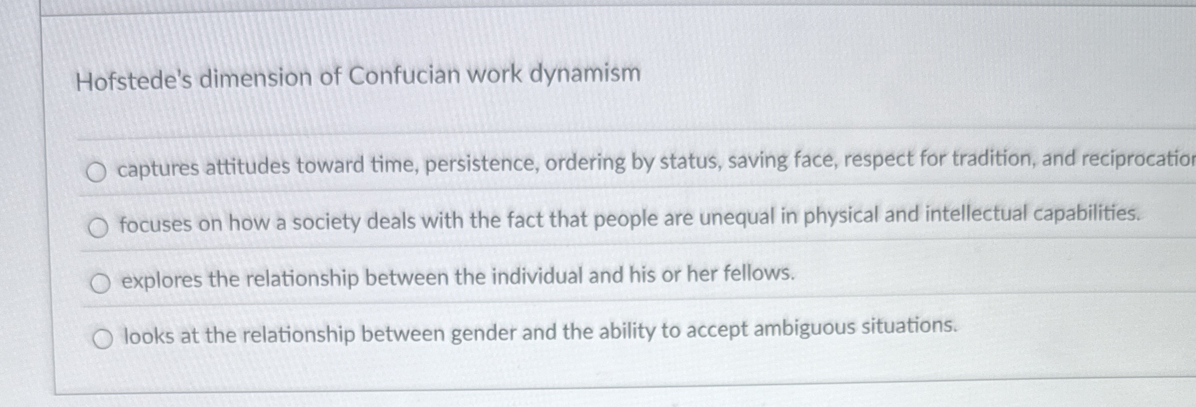 Q Hofstede's dimension of Confucian work dynamism