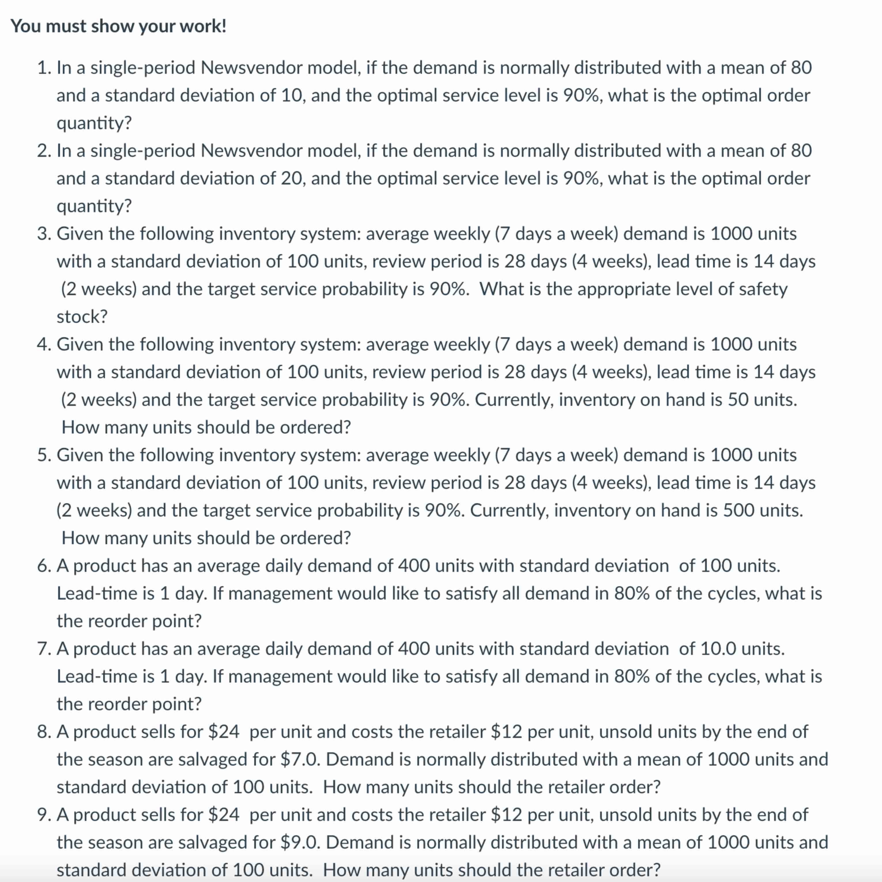 Inventory Problem Set. Please answer the