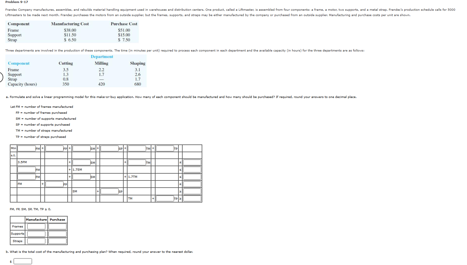 Problem 9 - 1 7 \ table [ [ Component ,