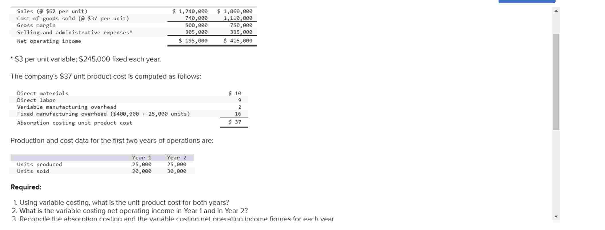 * \ $ 3 per unit variable; \ $ 2 4 5 . 0 0 0