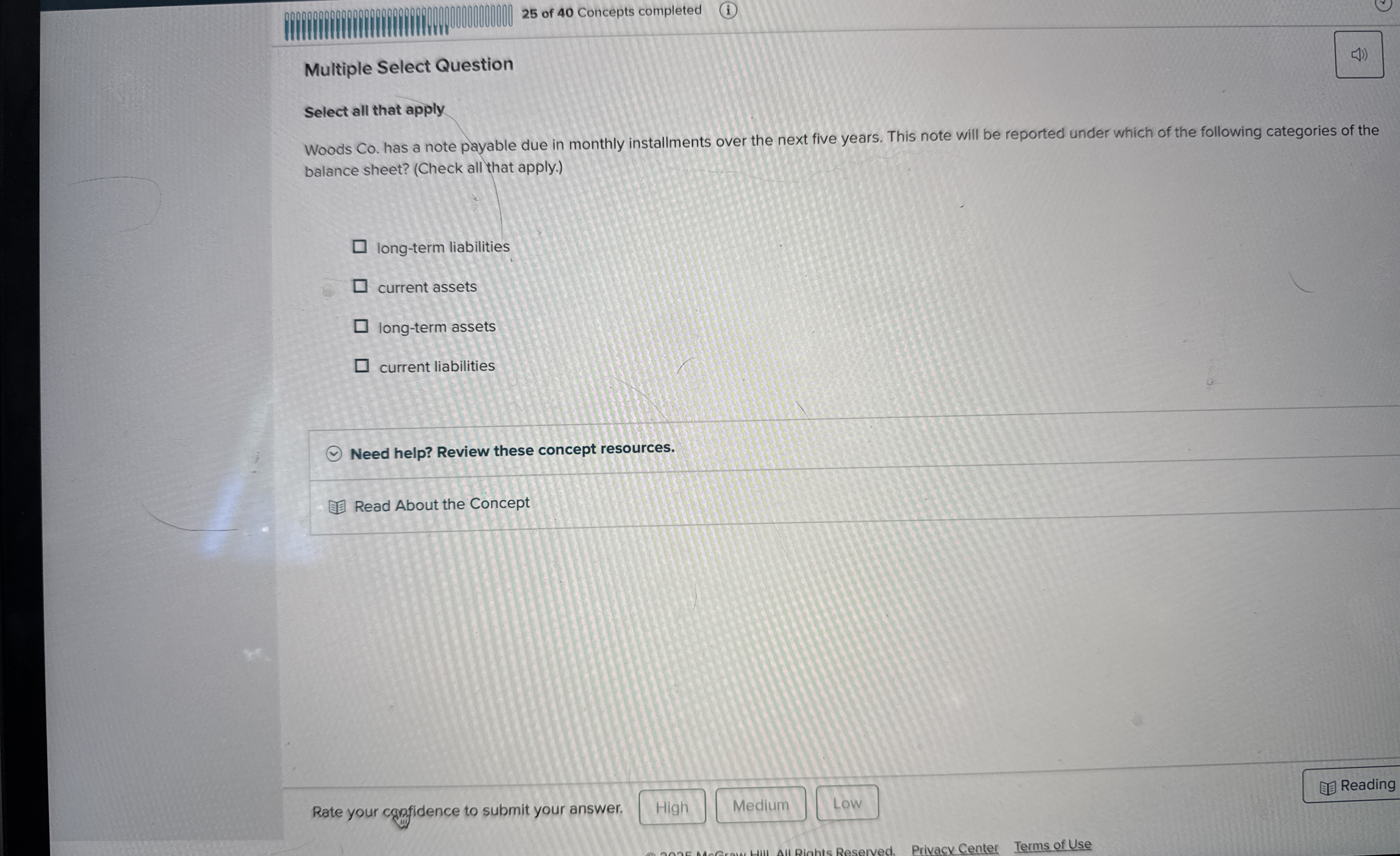 2 5 of 4 0 Concepts completed Multiple Select