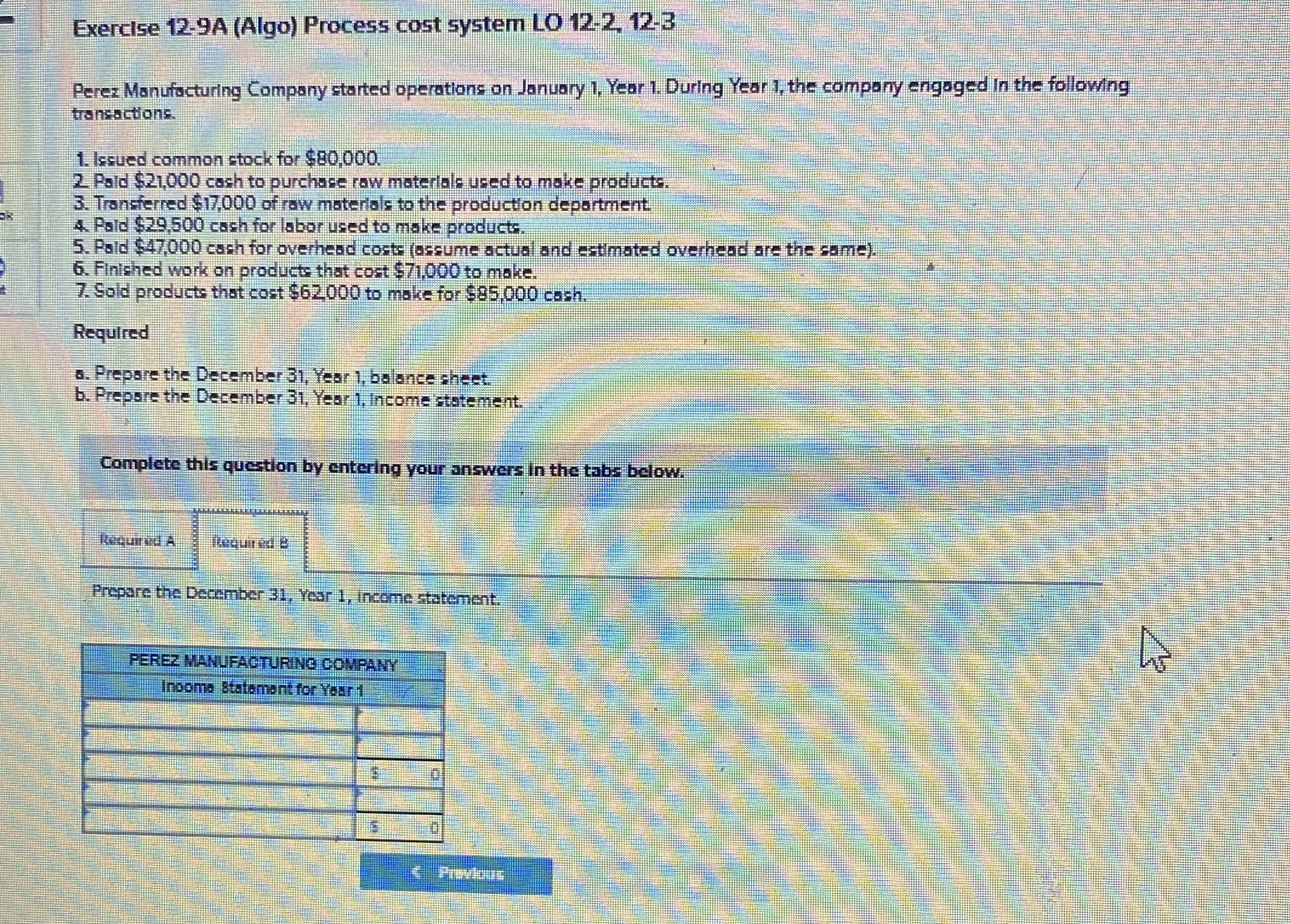 Exercise 1 2 - 9 A ( Algo ) Process cost system