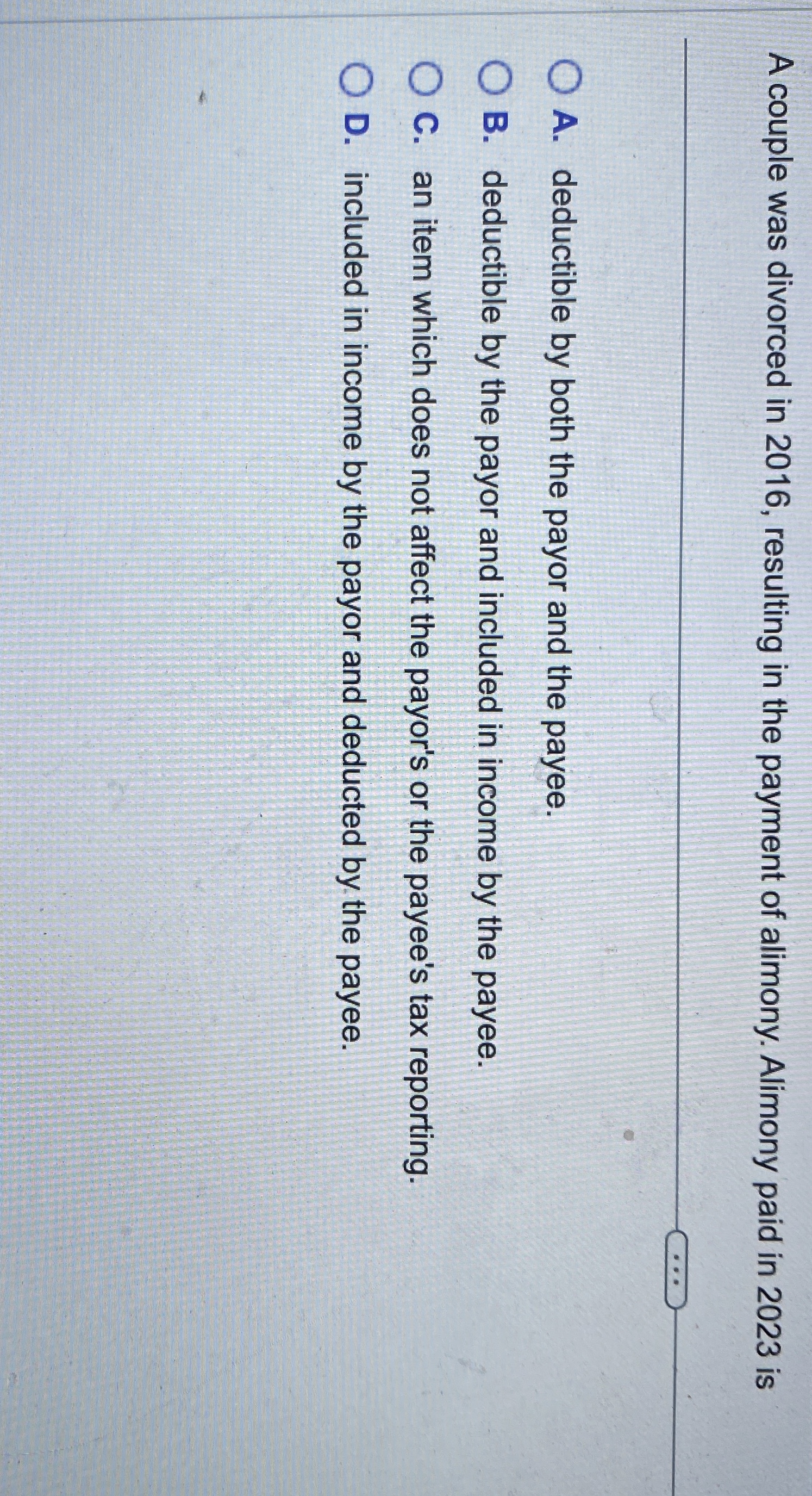 A couple was divorced in 2 0 1 6 , resulting in