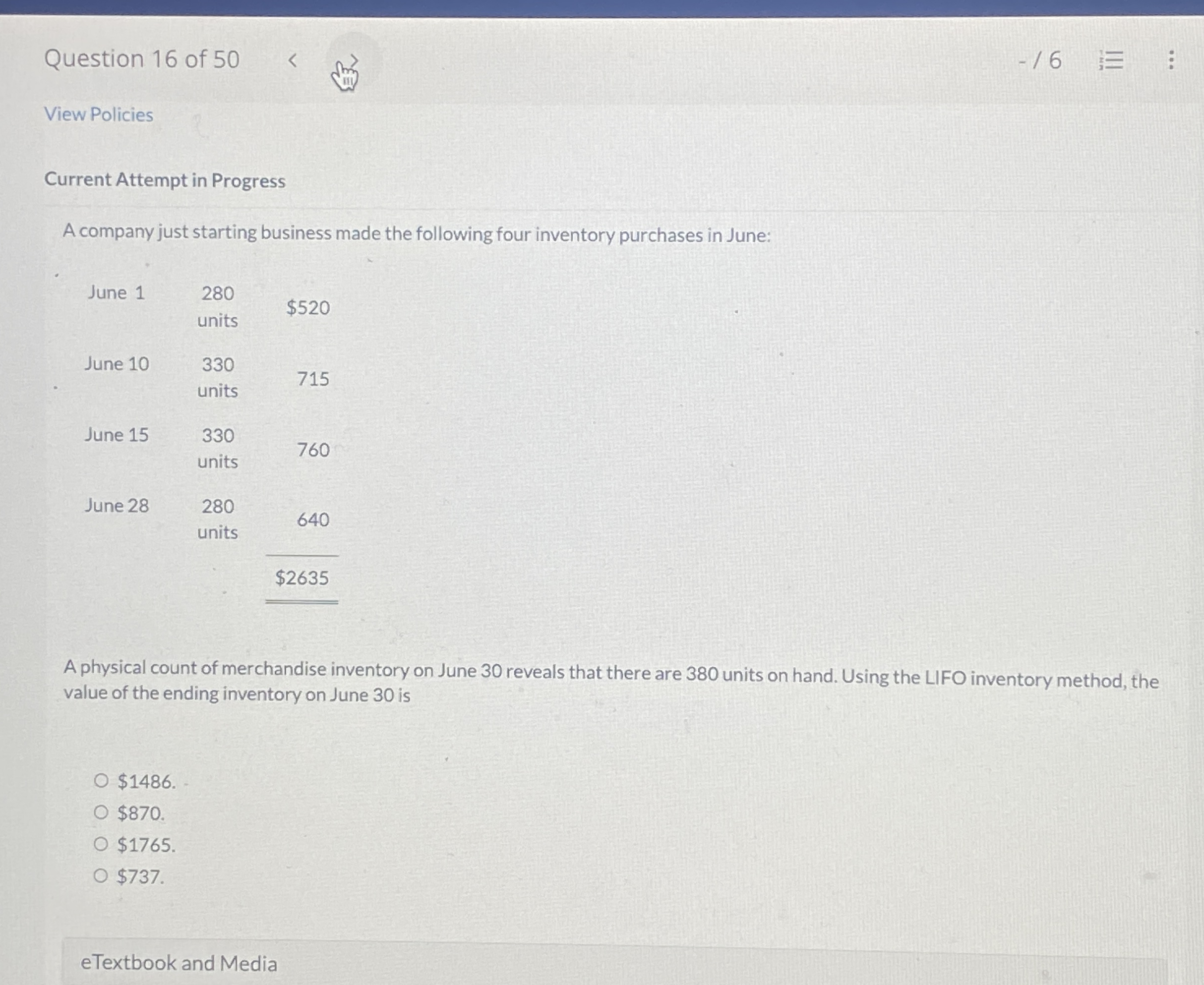 Question 1 6 of 5 0 - 1 6 View Policies Current