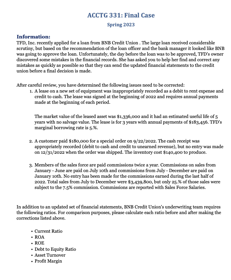 ACCTG 331: Final Case Spring 2023 Information: