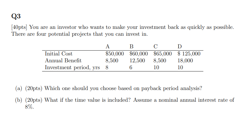 Q 3 [ 4 0 pts ] You are an investor who wants to