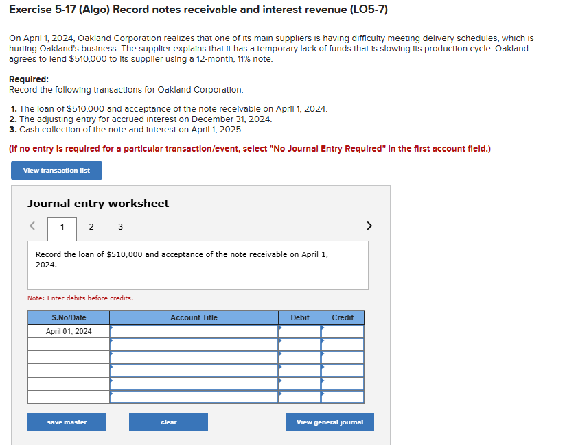Exercise 5 - 1 7 ( Algo ) Record notes receivable