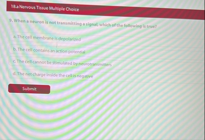 1 8 . a Nervous Tissue Multiple Choice 9 . When a