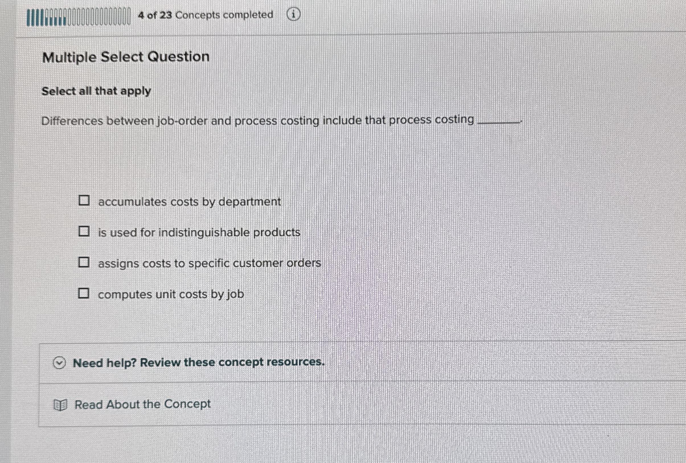 4 of 2 3 Concepts completed ( i ) Multiple Select