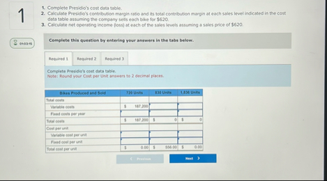 1 Complete Presidio's cost data nable. Calculate
