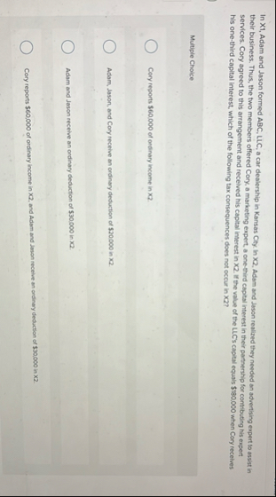In X 1 , Adam and Jason formed ABC, LLC , a car