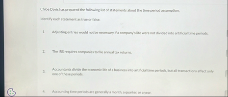 Chloe Davis has prepared the following list of