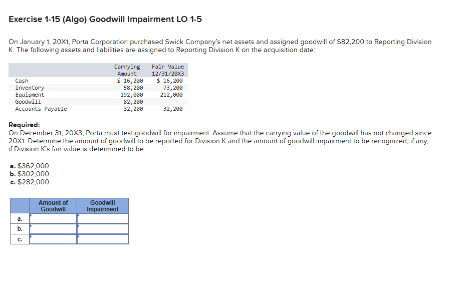 Exercise 1 - 1 5 ( Algo ) Goodwill Impairment LO