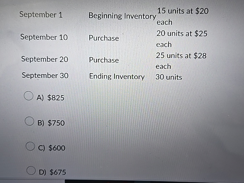 \ table [ [ September 1 , Beginning Inventor, 1 5