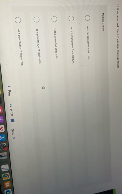 Unit variable cost refers to variable cost