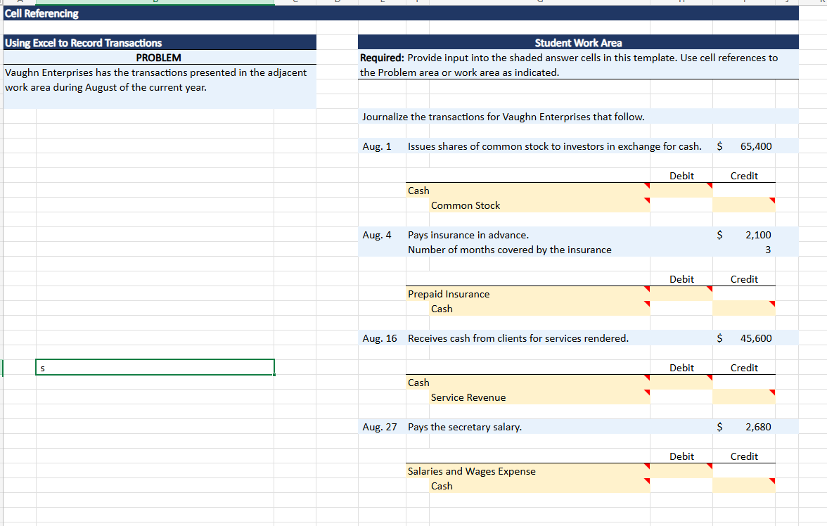 Using Excel to Record Transactions PROBLEM Vaughn