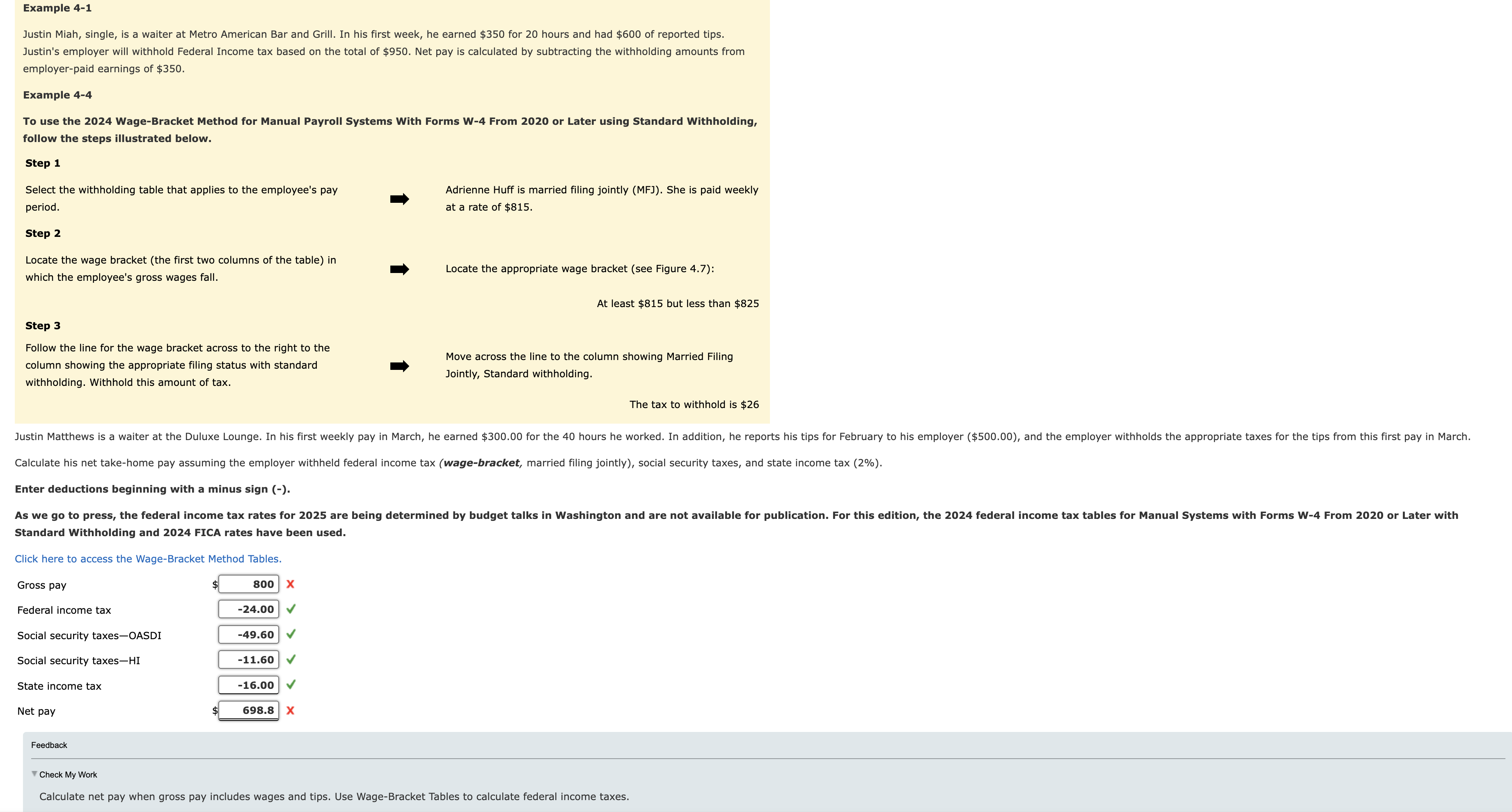 Example 4 - 1 Justin Miah, single, is a waiter at