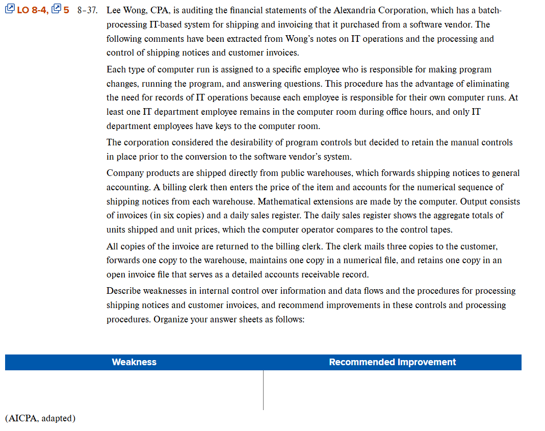 LO 8 - 4 , 5 8 - 3 7 . Lee Wong, CPA, is auditing