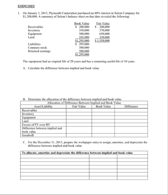 EXERCISES On January 1 , 2 0 1 3 , Plymouth