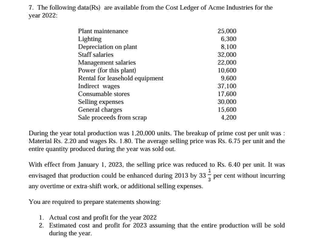 7 . The following data ( Rs ) are available from
