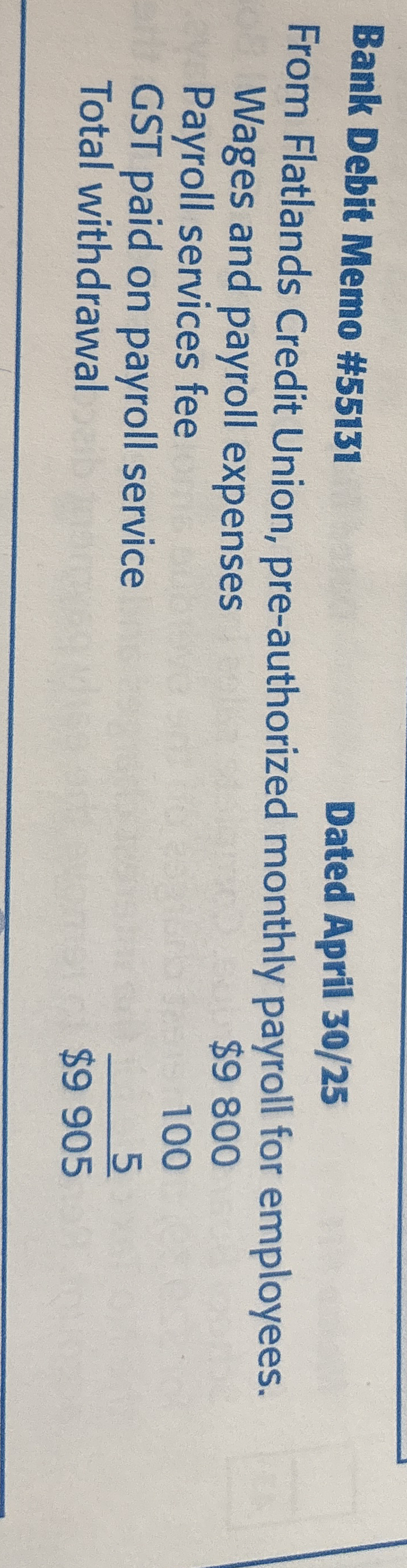 Bank Debit Memo # 5 5 1 3 1 Dated April 3 0 / 2 5