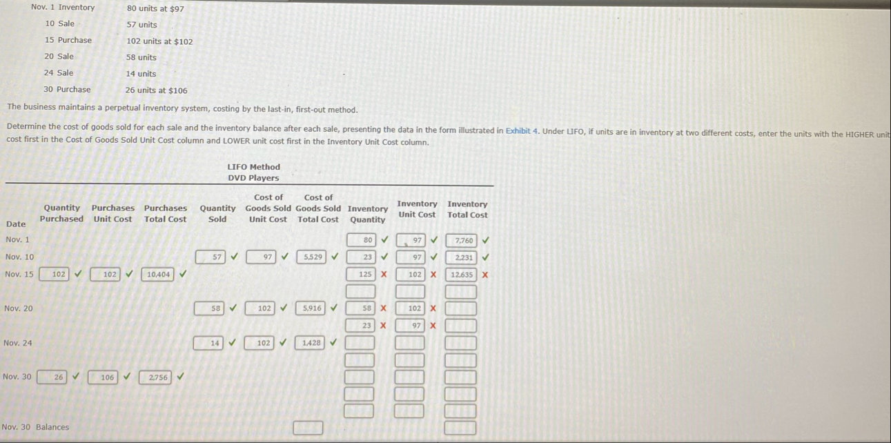 \ table [ [ Nov . 1 Inventory, 8 0 units at $ 9 7