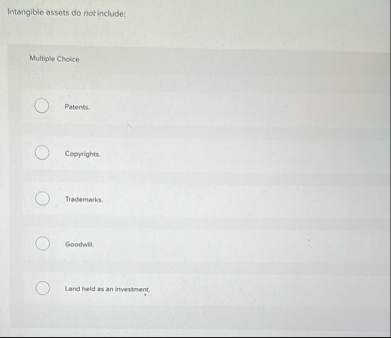Intangible assets do not include: Multiple Choice