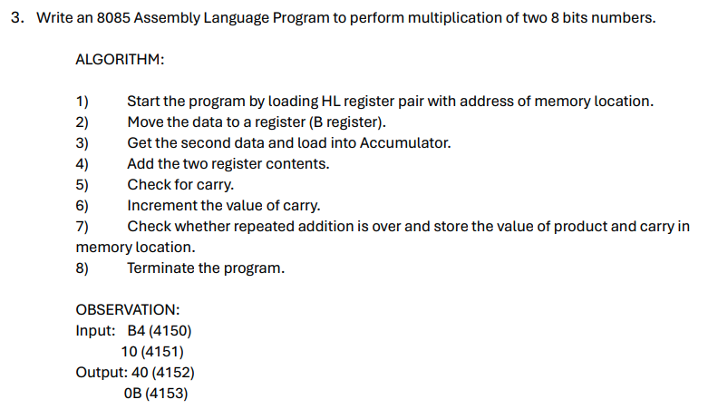 3 . Write an 8 0 8 5 Assembly Language Program to