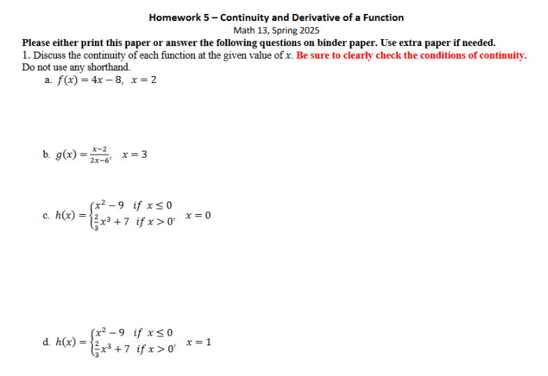 Homework 5 - Continuity and Derivative of a