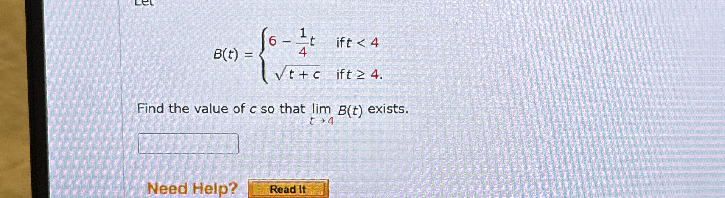 B ( t ) = { 6 - 1 4 t i f t < 4 t + c 2 i f t 4