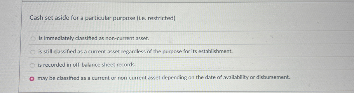 Cash set aside for a particular purpose ( i . e .